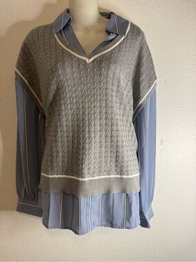 Adrianna papel Layered Light Blue Striped Button-Up with Gray Knit Vest